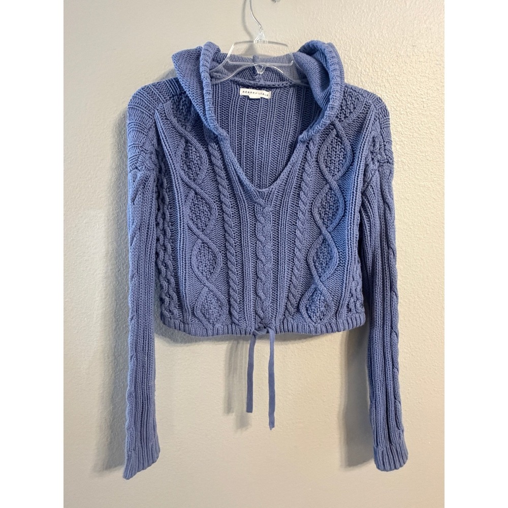 Aeropostale Womens XS Blue Cable Knit Cropped Hoodie Sweater Periwinkle V-Neck